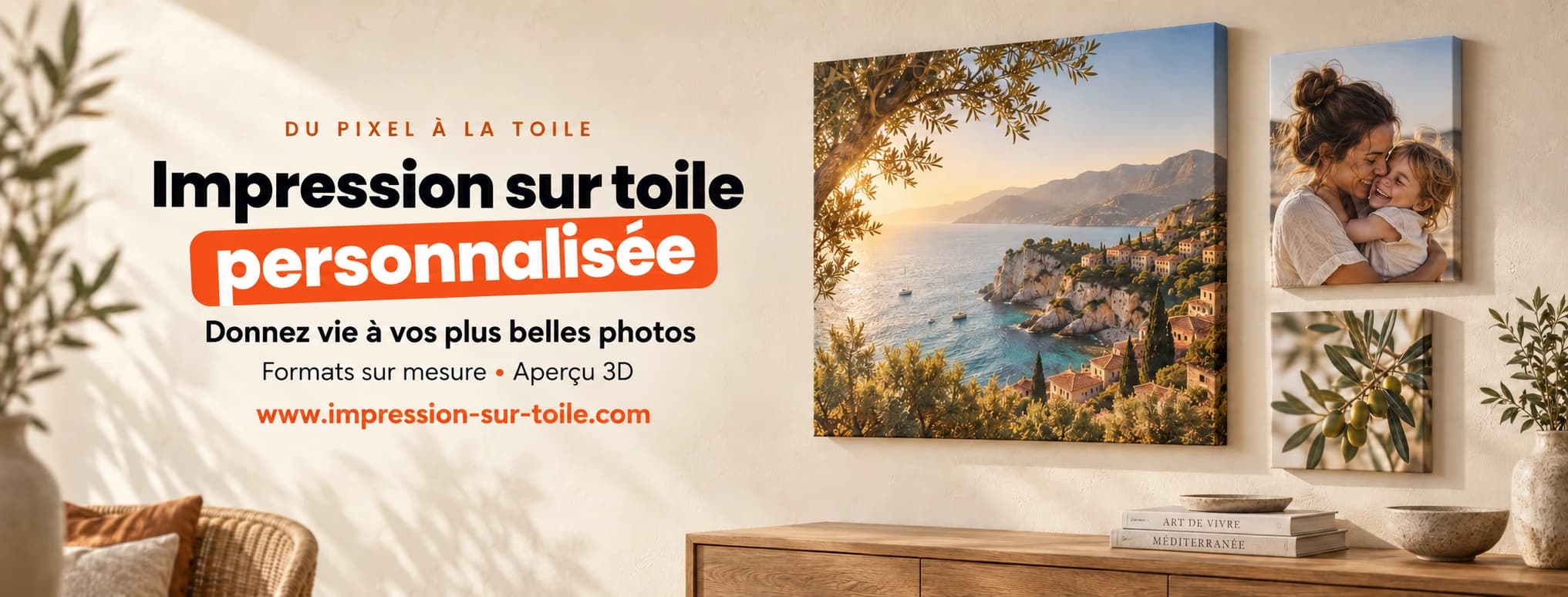 Impression sur toile personnalisée. Donnez vie à vos plus belles photos. Toiles photo dans un intérieur lumineux.
