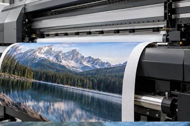 Gros plan sur une toile paysage en sortie d’imprimante numérique grand format