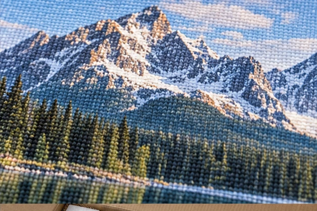 Vue macro du tissage de la toile et des détails d’un paysage imprimé